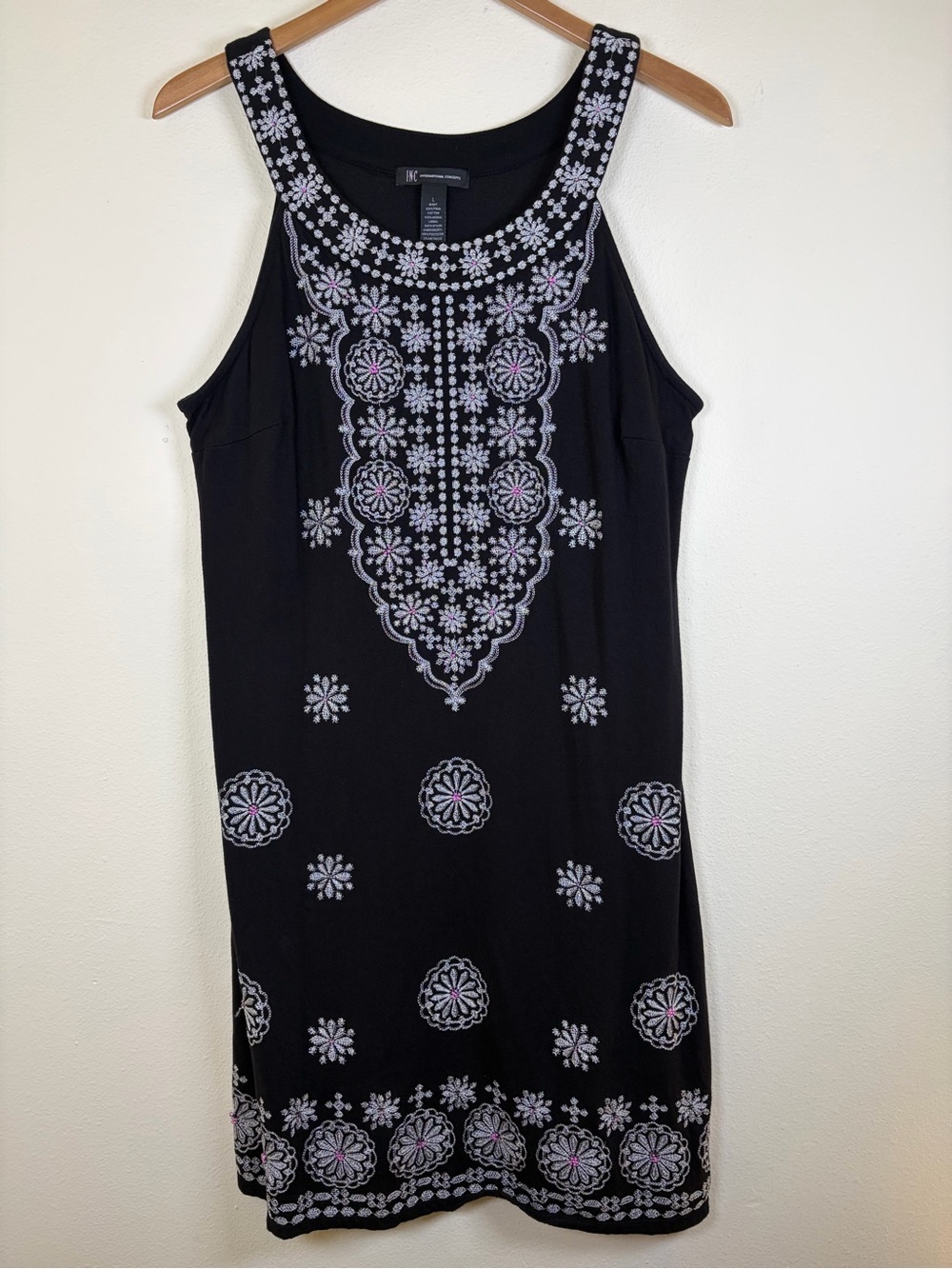 INC International Concepts Black Embroidered Sleeveless Dress Large Beaded Boho